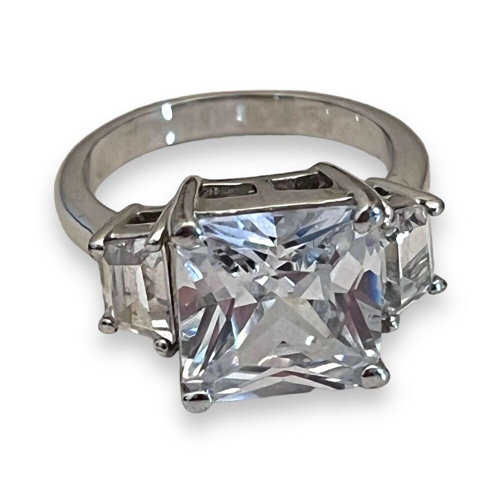 New Silver Tone Princess Cut CZ Ring Size 8 Engagement Style NWOT HSN - 2T